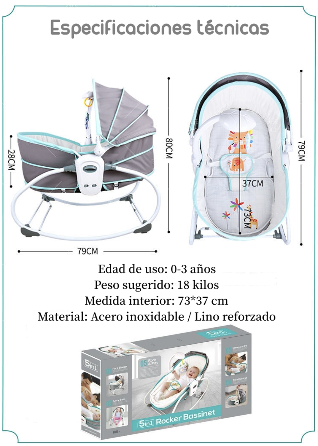 CUNA MOISÉS LUBABYCAS COZY ACERO VERDE 5 EN 1 CON VIBRACIÓN MOSQUITERO - 8