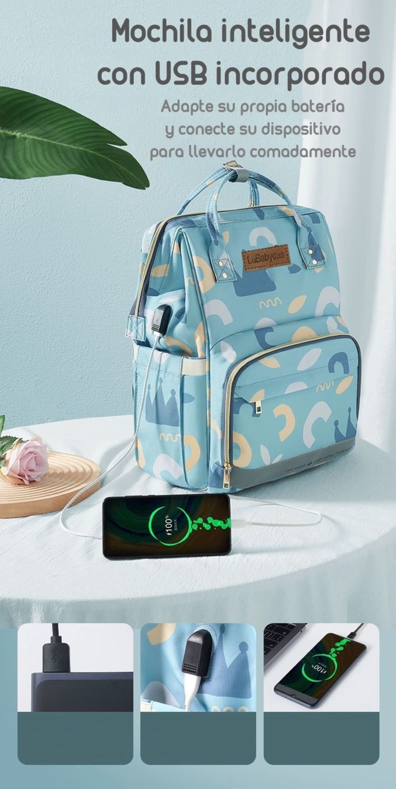 MOCHILA MATERNAL IMPERMEABLE CON USB LUBABYCAS ROSADA - 2