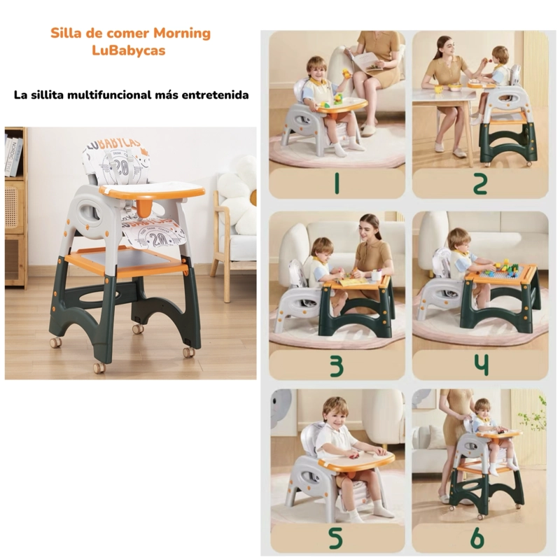 SILLA COMER LUBABYCAS MULTIFUNCIONAL CON RUEDAS NARANJO - 2