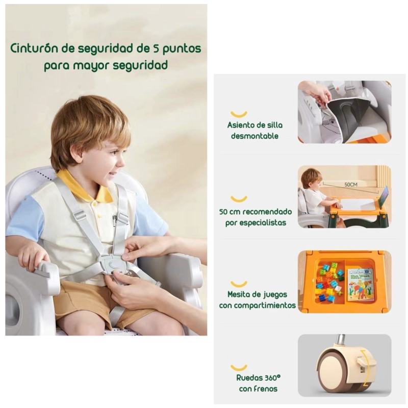 SILLA COMER LUBABYCAS MULTIFUNCIONAL CON RUEDAS NARANJO - 5