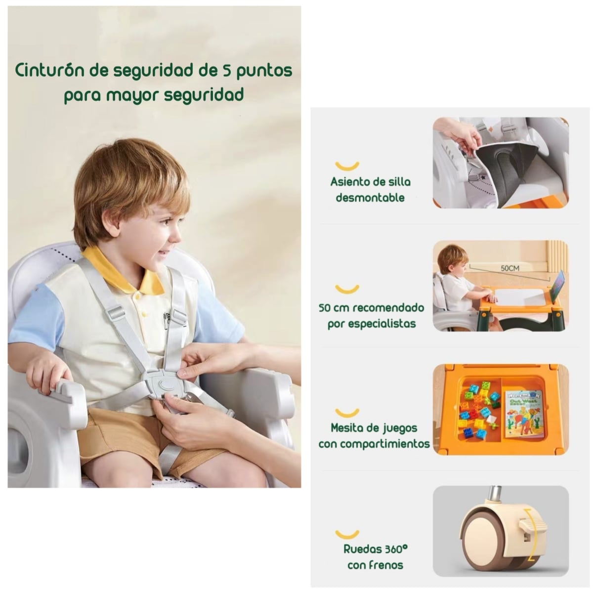SILLA COMER LUBABYCAS MULTIFUNCIONAL CON RUEDAS NARANJO - 5