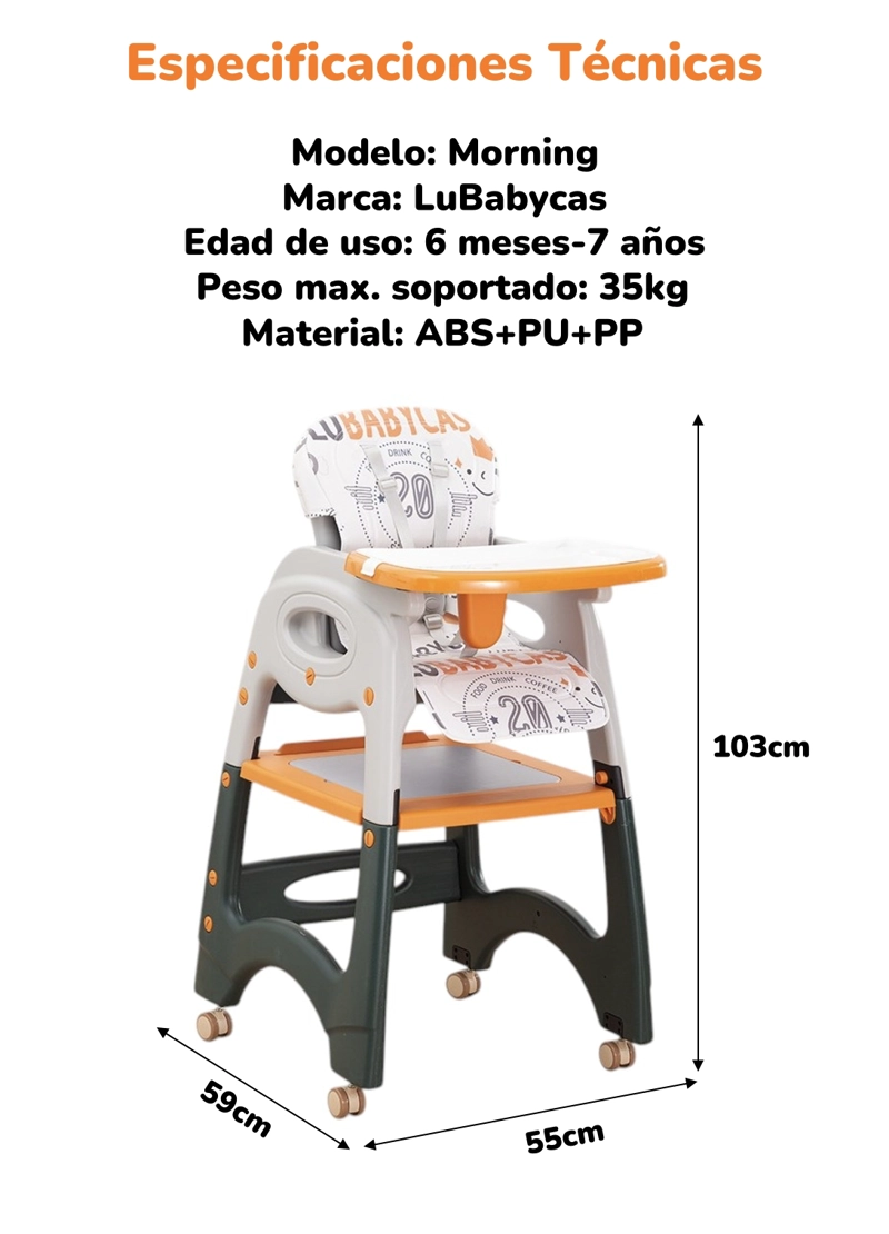 SILLA COMER LUBABYCAS MULTIFUNCIONAL CON RUEDAS NARANJO - 8