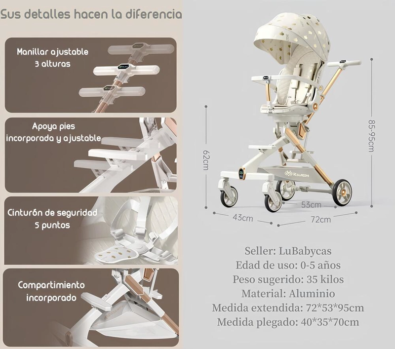 COCHE PASEO LUBABYCAS 360° CON MESITA BLANCO - 7