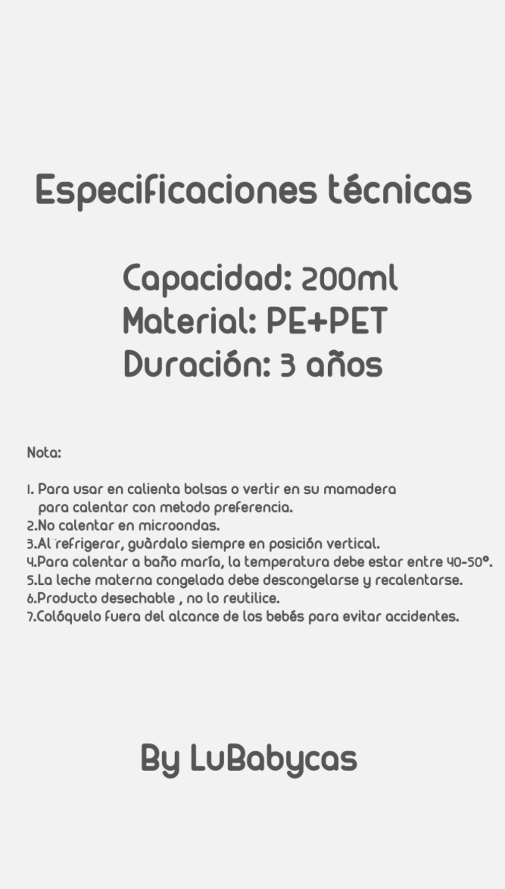 BOLSA PARA LECHE MATERNAL LUBABYCAS BLANCO 108 UNIDADES Y 1 PLUMÓN - 8