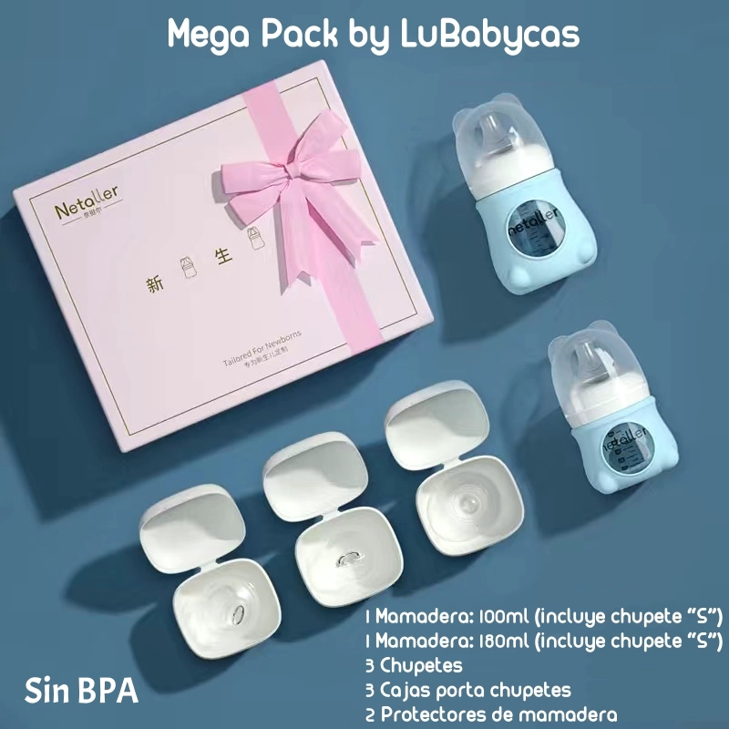 SET LUBABYCAS 2 MAMADERAS CON PROTECTORES 3 CHUPETES CAJA AZUL - 2