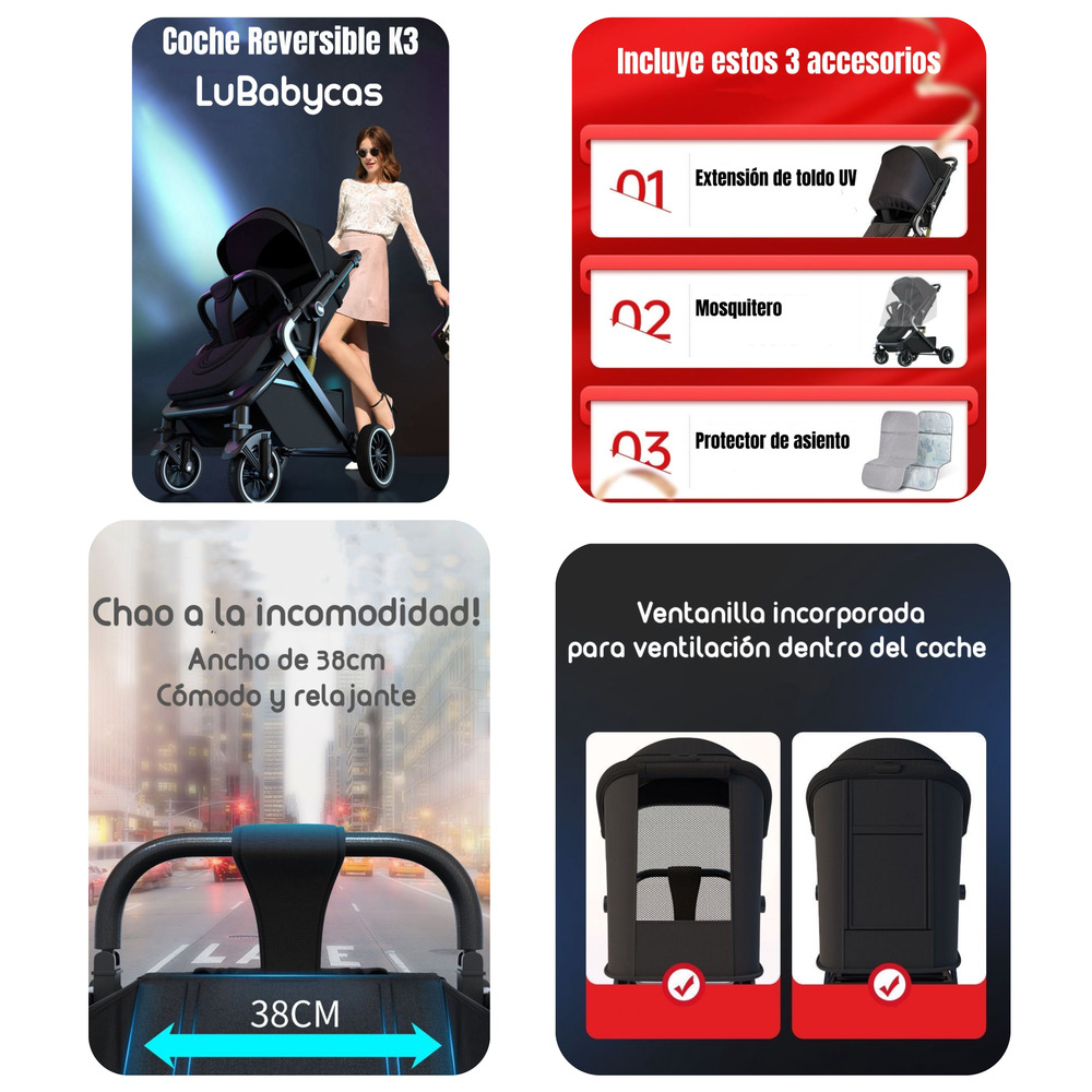 COCHE PASEO LUBABYCAS REVERSIBLE PREMIUM ROSADO - 2