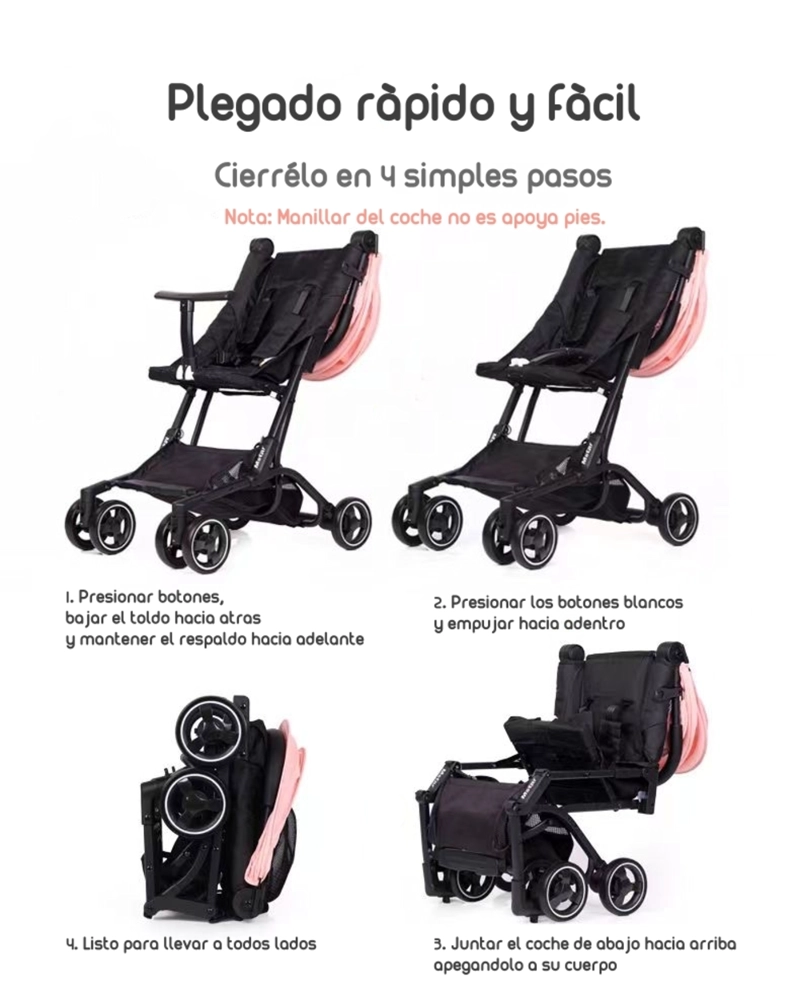 COCHE PASEO LUBABYCAS PREMIUM ÚLTRA COMPACTO ROSADO - 4
