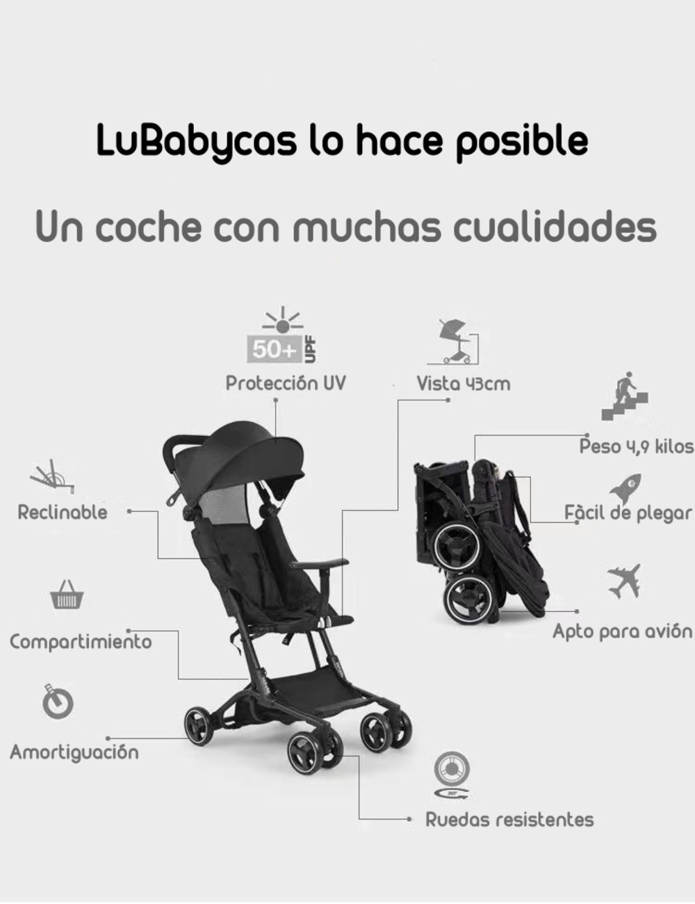 COCHE PASEO LUBABYCAS PREMIUM ÚLTRA COMPACTO ROSADO - 6
