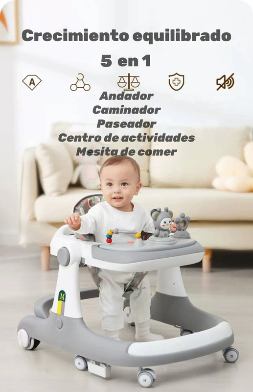 ANDADOR CAMINADOR LUBABYCAS 5 EN 1 CON APOYA PIES GRIS - 2