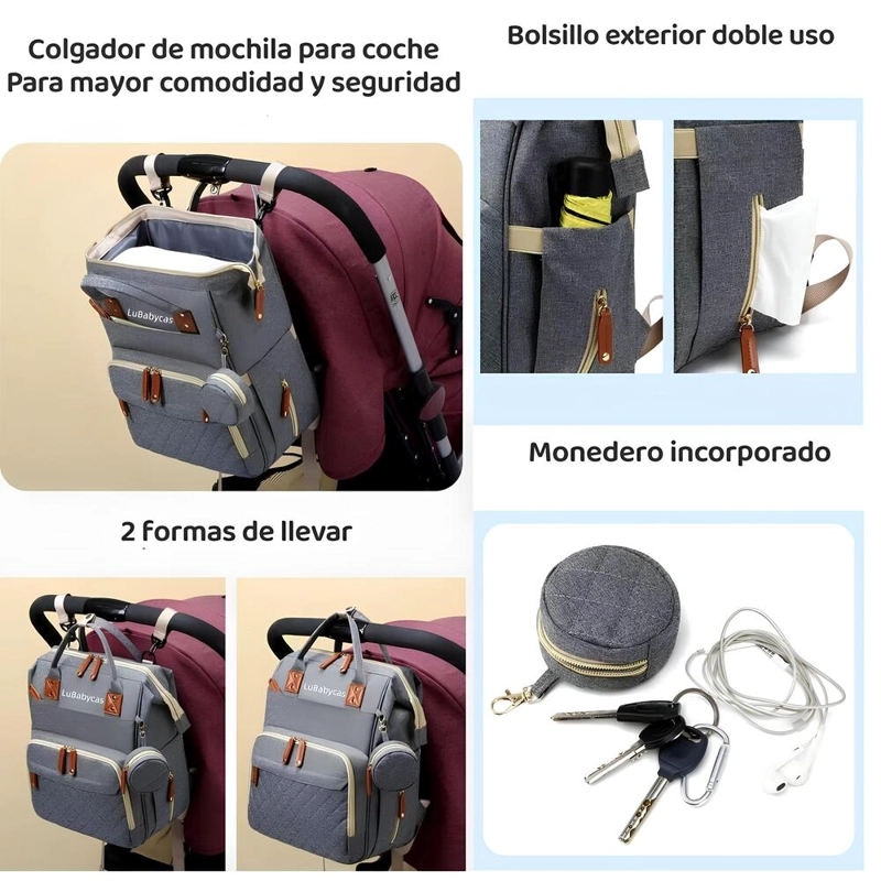 MOCHILA LUBABYCAS MATERNAL IMPERMEABLE CON ACCESORIOS NEGRO - 3
