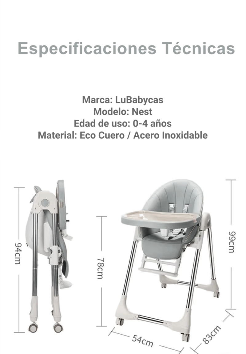 SILLA COMER LUBABYCAS PLEGABLE CON RUEDAS GRIS - 8