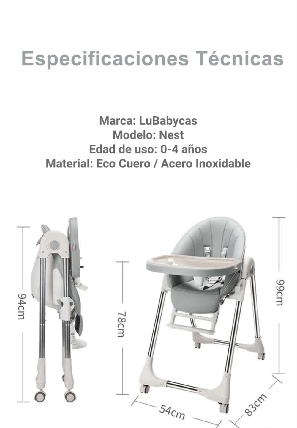SILLA COMER LUBABYCAS PLEGABLE CON RUEDAS GRIS - 8