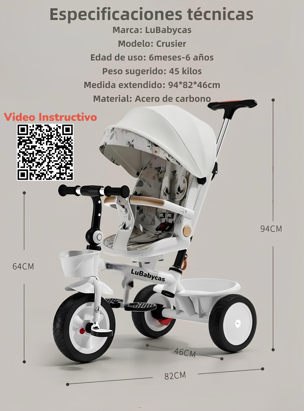 TRICICLO LUBABYCAS 360° MULTIPOSICIONES CON MESITA BLANCO - 8