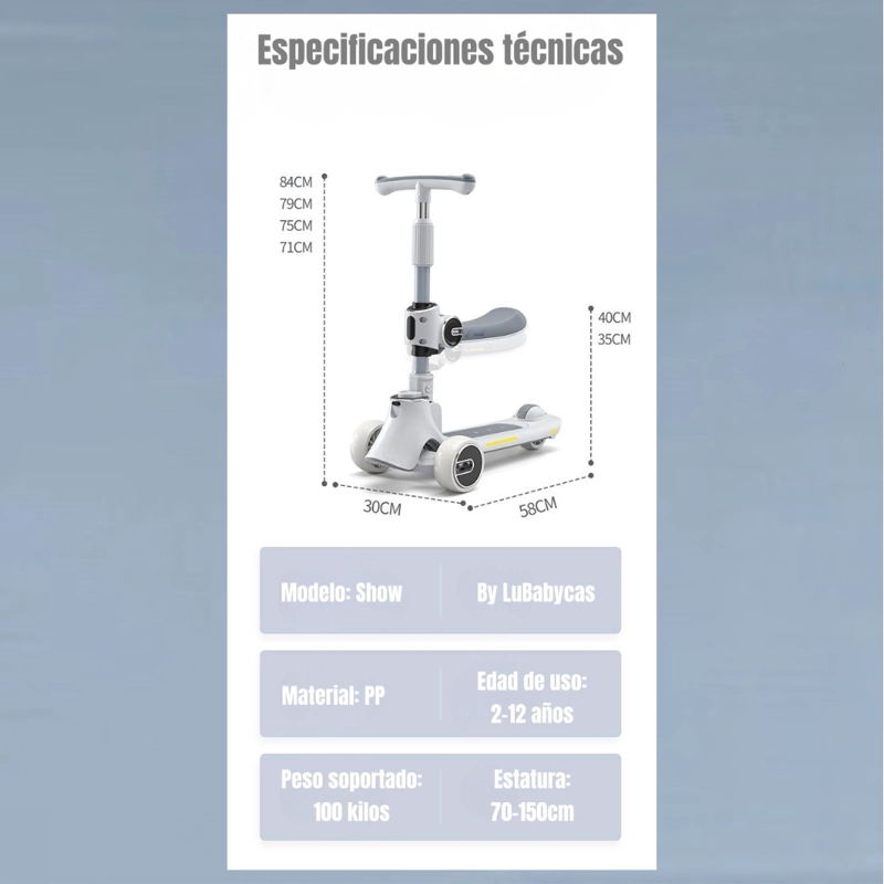 SCOOTER LUBABYCAS 3 RUEDAS 2 EN 1 ÚLTRA RESISTENTE GRIS - 5