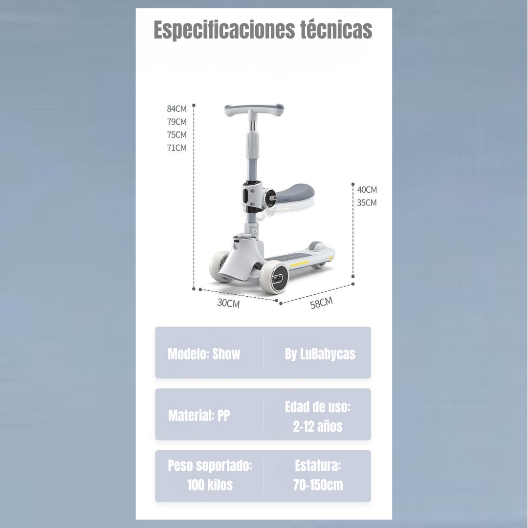 SCOOTER LUBABYCAS 3 RUEDAS 2 EN 1 ÚLTRA RESISTENTE GRIS - 5