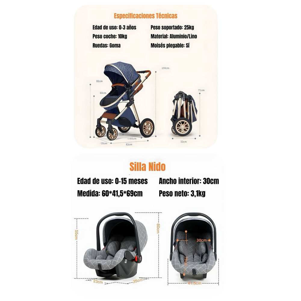 COCHE DELUXE CON SILLA NIDO Y ACCESORIOS CAFE  LUBABYCAS - 8