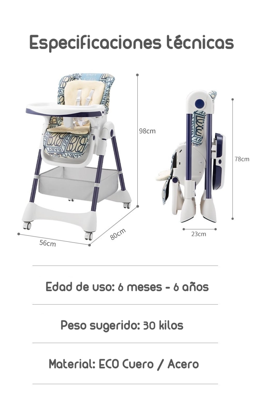 SILLA COMER LUBABYCAS MULTIPOSICIONES CON RUEDAS MIX AZUL - 7