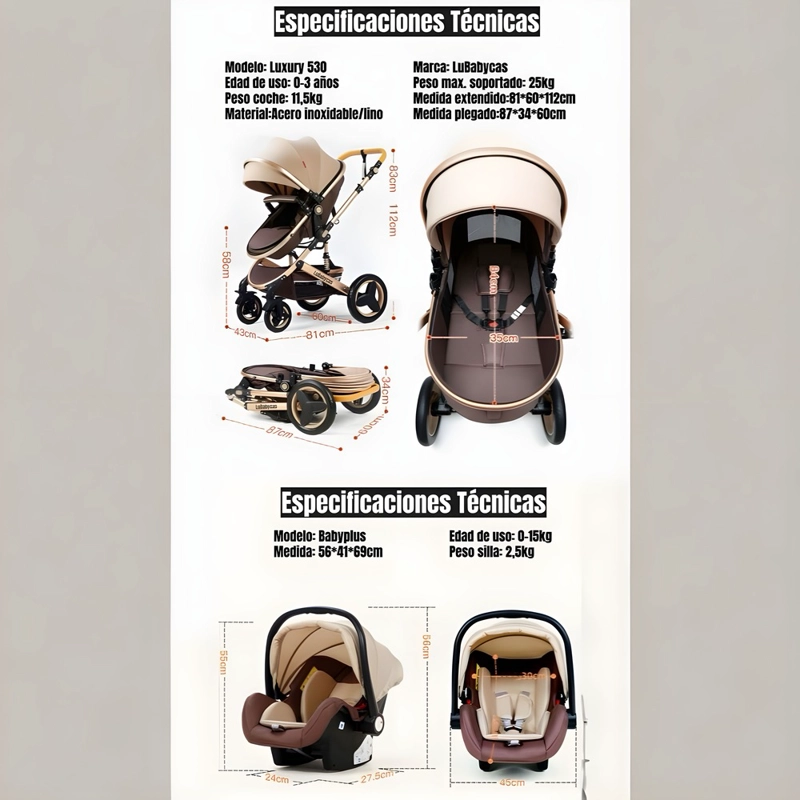COCHE LUBABYCAS TRAVEL SYSTEM CON ACCESORIOS DORADO - 3