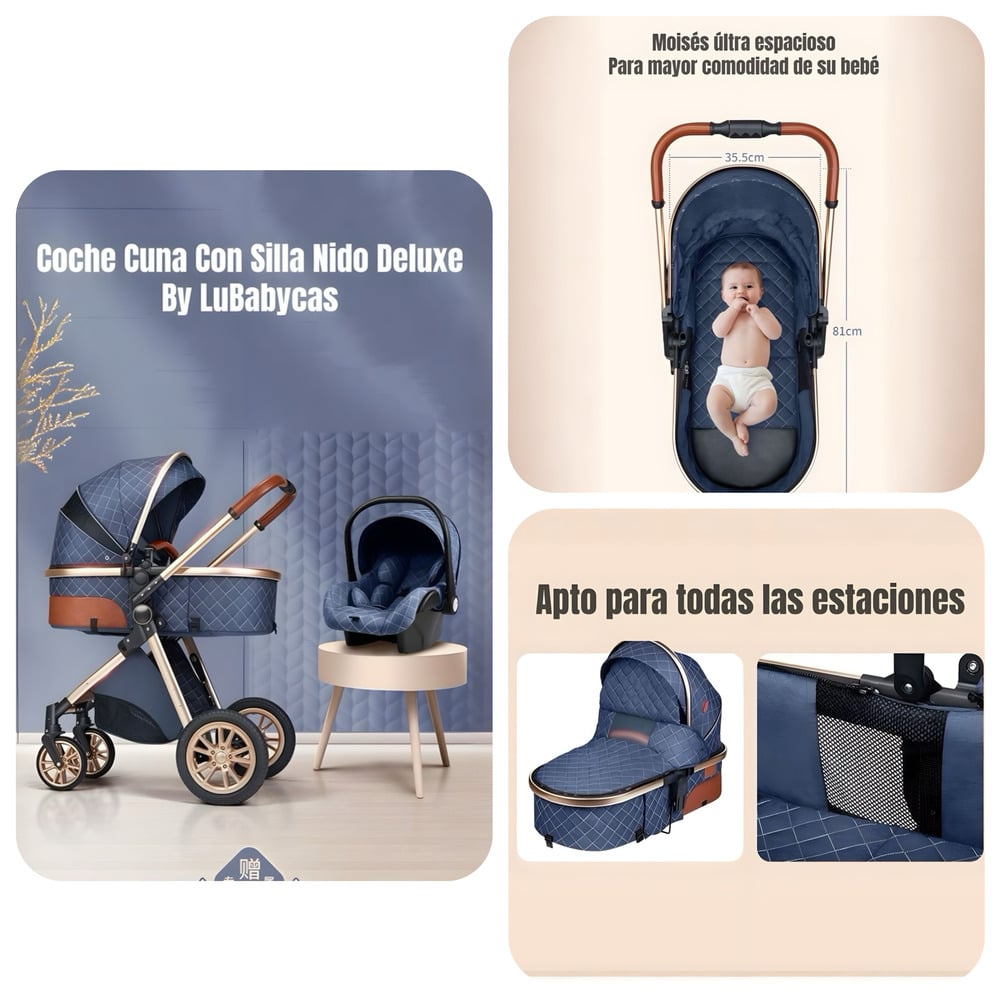 COCHE DELUXE CON SILLA NIDO Y ACCESORIOS BLANCO LUBABYCAS - 3