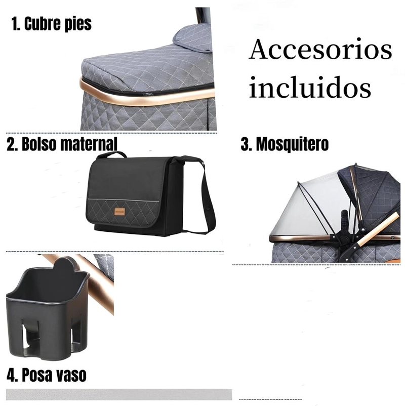 COCHE CUNA LUBABYCAS CON SILLA NIDO Y ACCESORIOS GRIS - 2