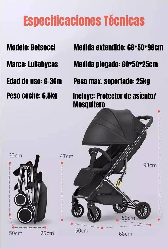 COCHE PASEO LUBABYCAS COMPACTO CON ACCESORIOS BLACK NEGRO - 8