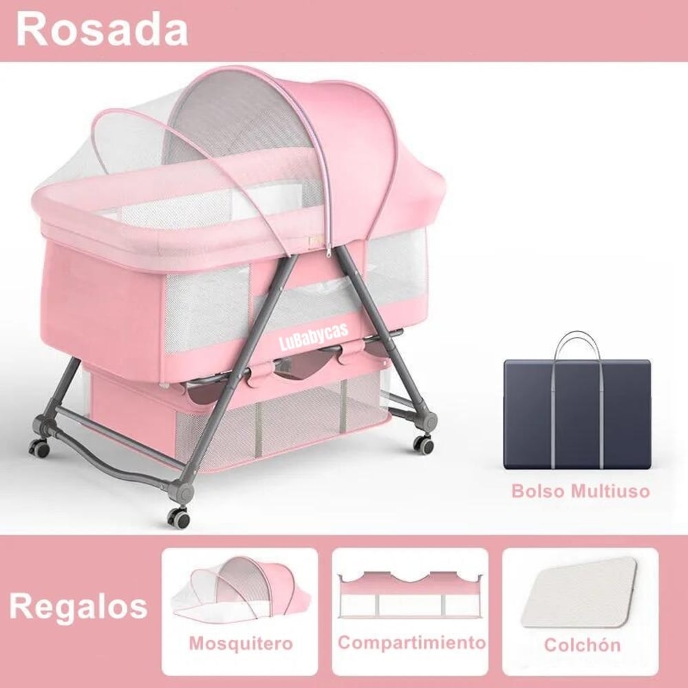 CUNA LUBABYCAS PRO ACERO INOXIDABLE ROSADA BEBÉ CON ACCESORIOS - 2