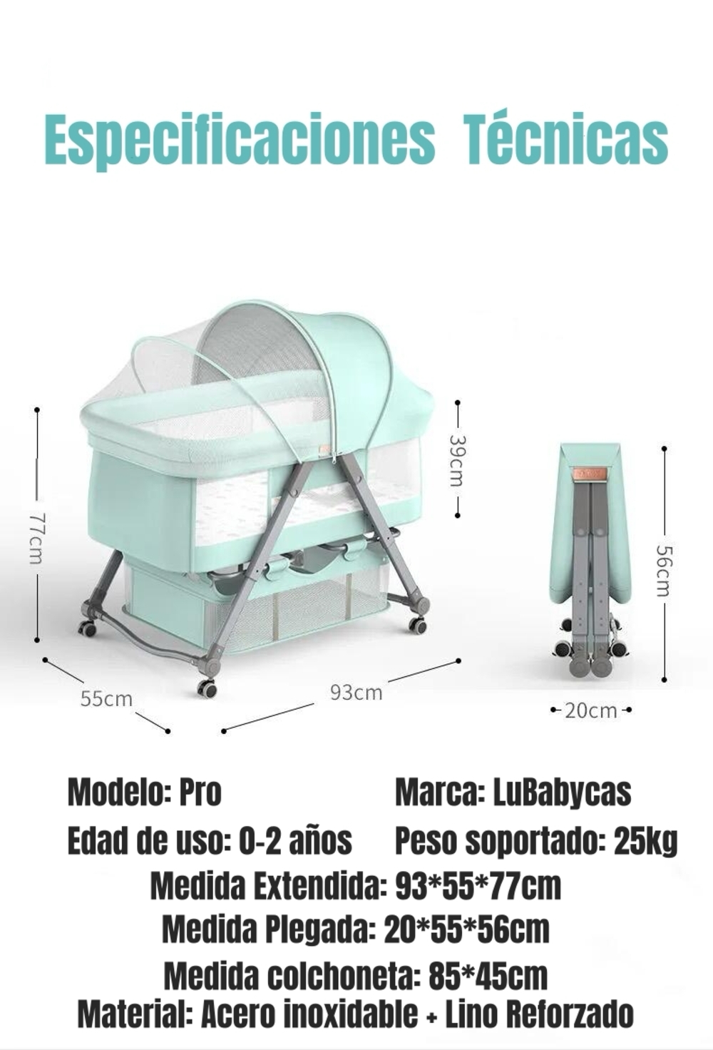 CUNA LUBABYCAS PRO ACERO INOXIDABLE ROSADA BEBÉ CON ACCESORIOS - 8