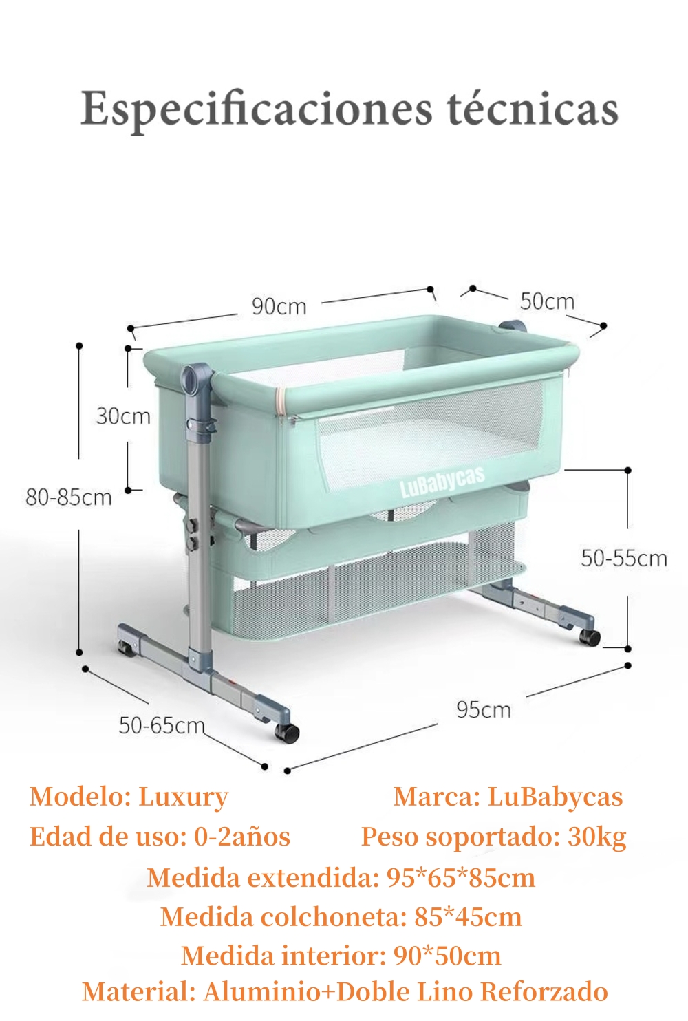 CUNA COLECHO LUBABYCAS LUXURY ACERO INOXIDABLE ROSADA BEBÉ CON MOSQUITERO - 8