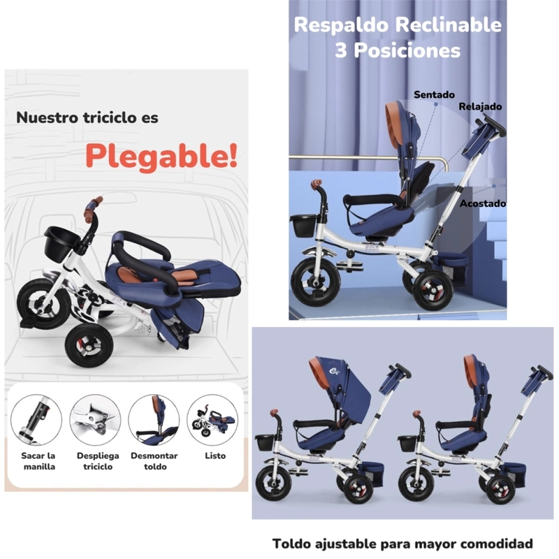 TRICICLO REVERSIBLE Y PLEGABLE CON ACCESORIOS AZUL LUBABYCAS - 3