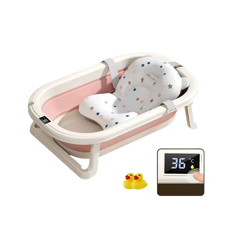 BAÑERA LUBABYCAS PLEGABLE CON TERMÓMETRO COJIN Y MÁS ACCESORIOS ROSADO - 1
