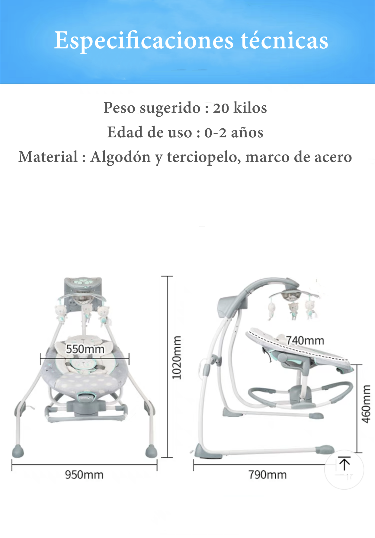 COLUMPIO INGENUITY MECEDORA ELECTRICO 360° LUBABYCAS GRIS - 8