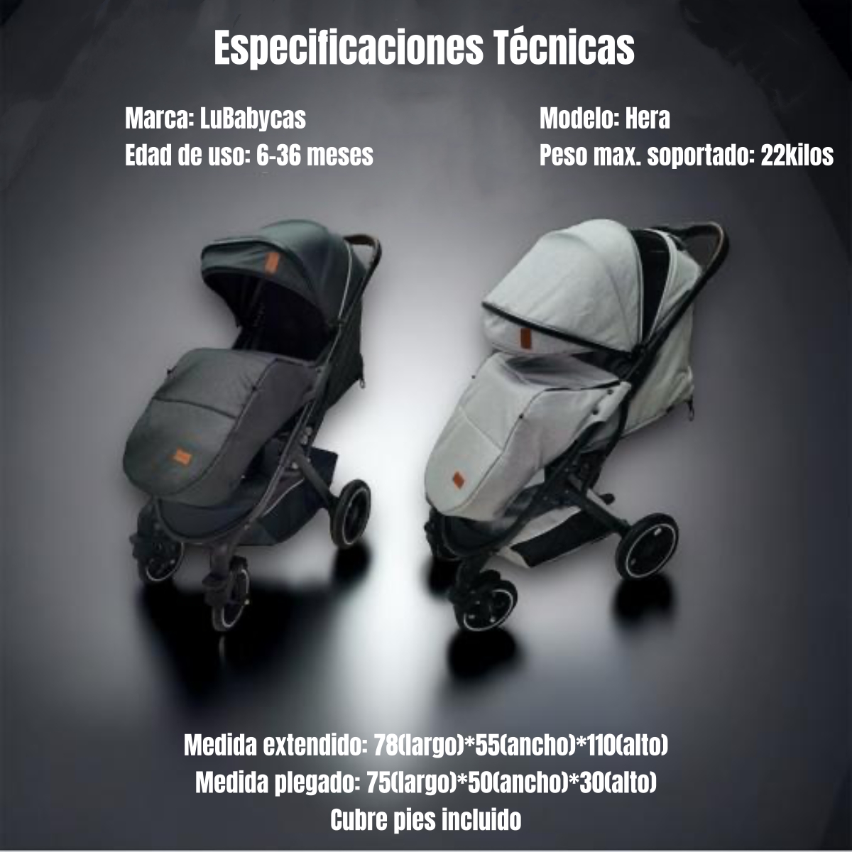 COCHE PASEO LUBABYCAS CON CUBRE PIES NEGRO - 8
