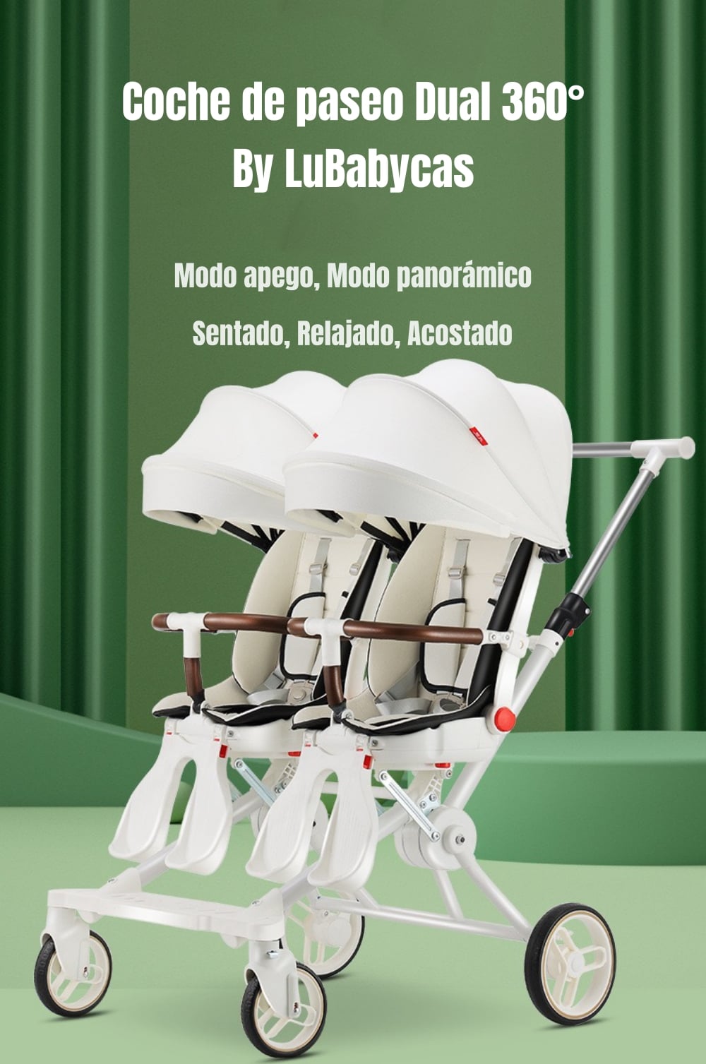 COCHE DOBLE CON MESITA DE COMER RECLINABLE BLANCO LUBABYCAS - 2