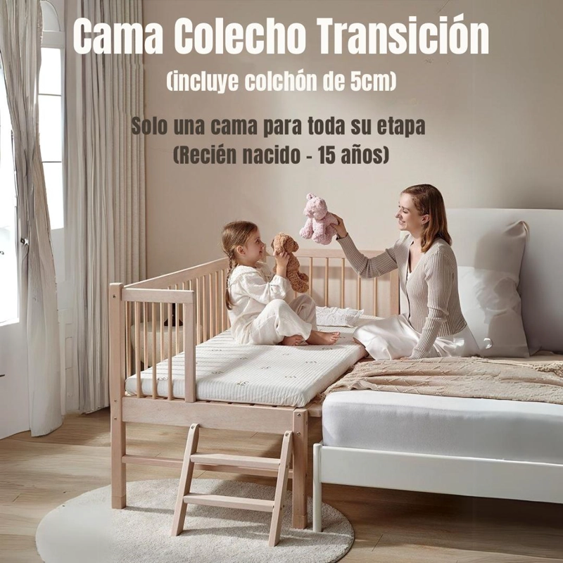 CAMA CUNA COLECHO LUBABYCAS TRANSICIÓN MADERA 150X70X86CM CON COLCHÓN - 2