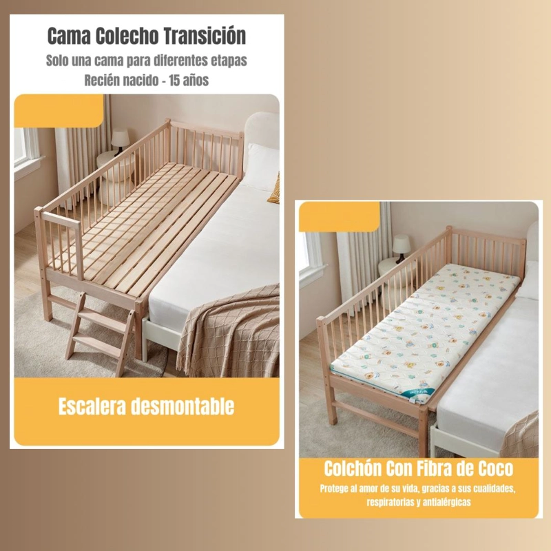 CAMA CUNA COLECHO LUBABYCAS TRANSICIÓN MADERA 150X70X86CM CON COLCHÓN - 6