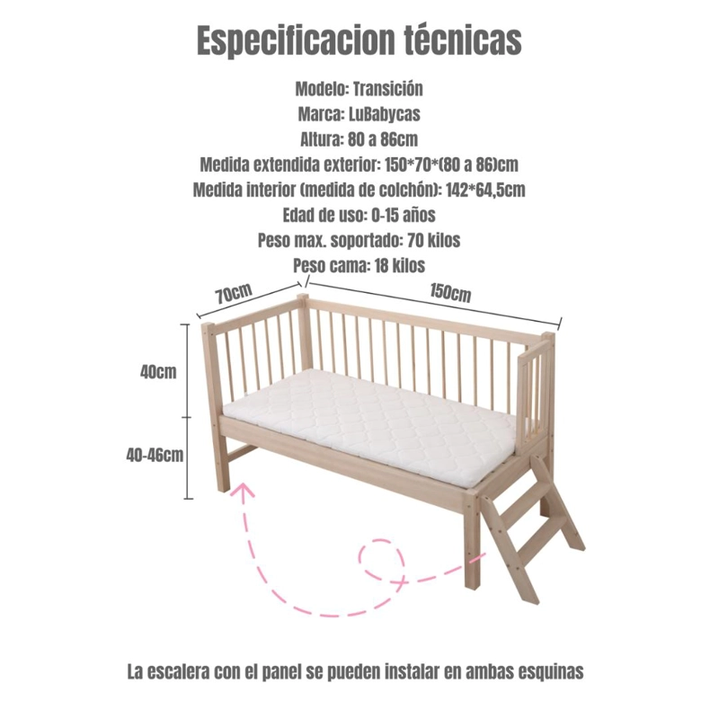 CAMA CUNA COLECHO LUBABYCAS TRANSICIÓN MADERA 150X70X86CM CON COLCHÓN - 7