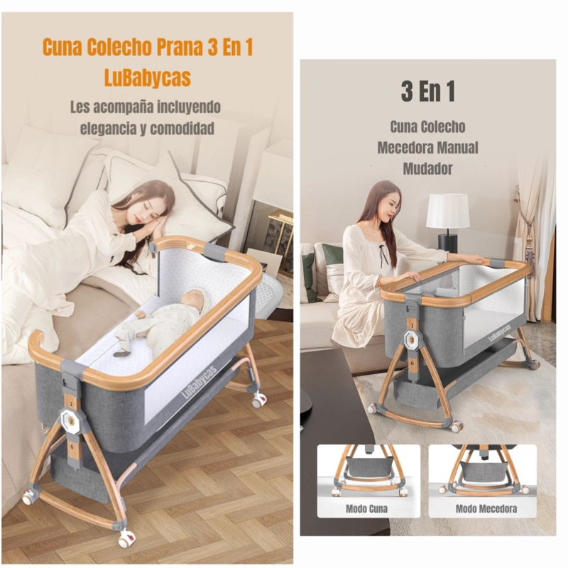 CUNA COLECHO LUBABYCAS PRANA ACERO INOXIDABLE GRIS MECEDORA 3 EN 1 - 3
