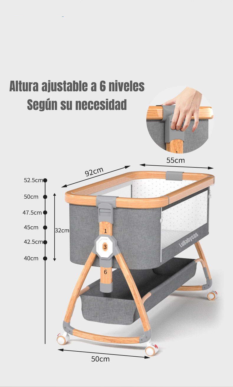 CUNA COLECHO LUBABYCAS PRANA ACERO INOXIDABLE GRIS MECEDORA 3 EN 1 - 4