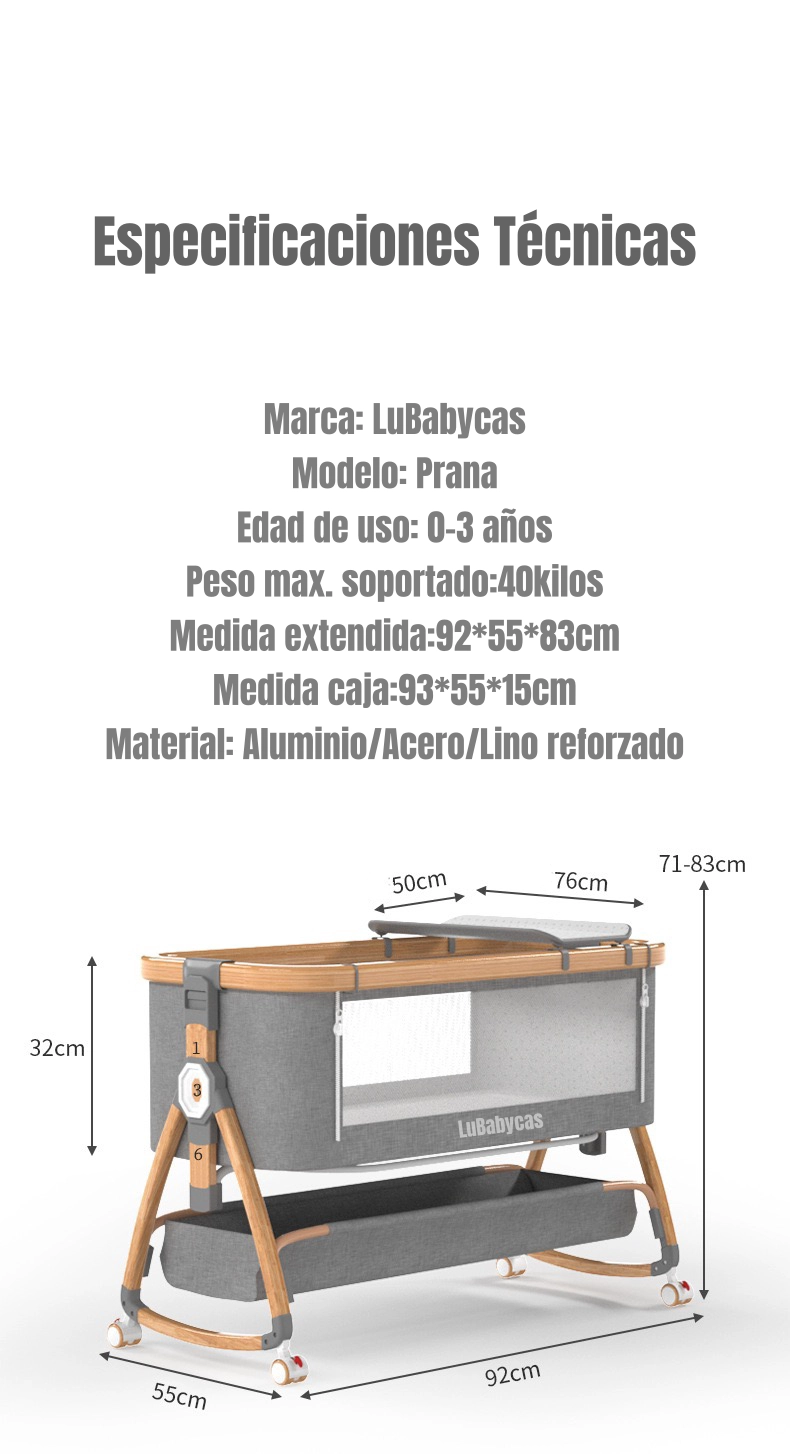 CUNA COLECHO LUBABYCAS PRANA ACERO INOXIDABLE GRIS MECEDORA 3 EN 1 - 8