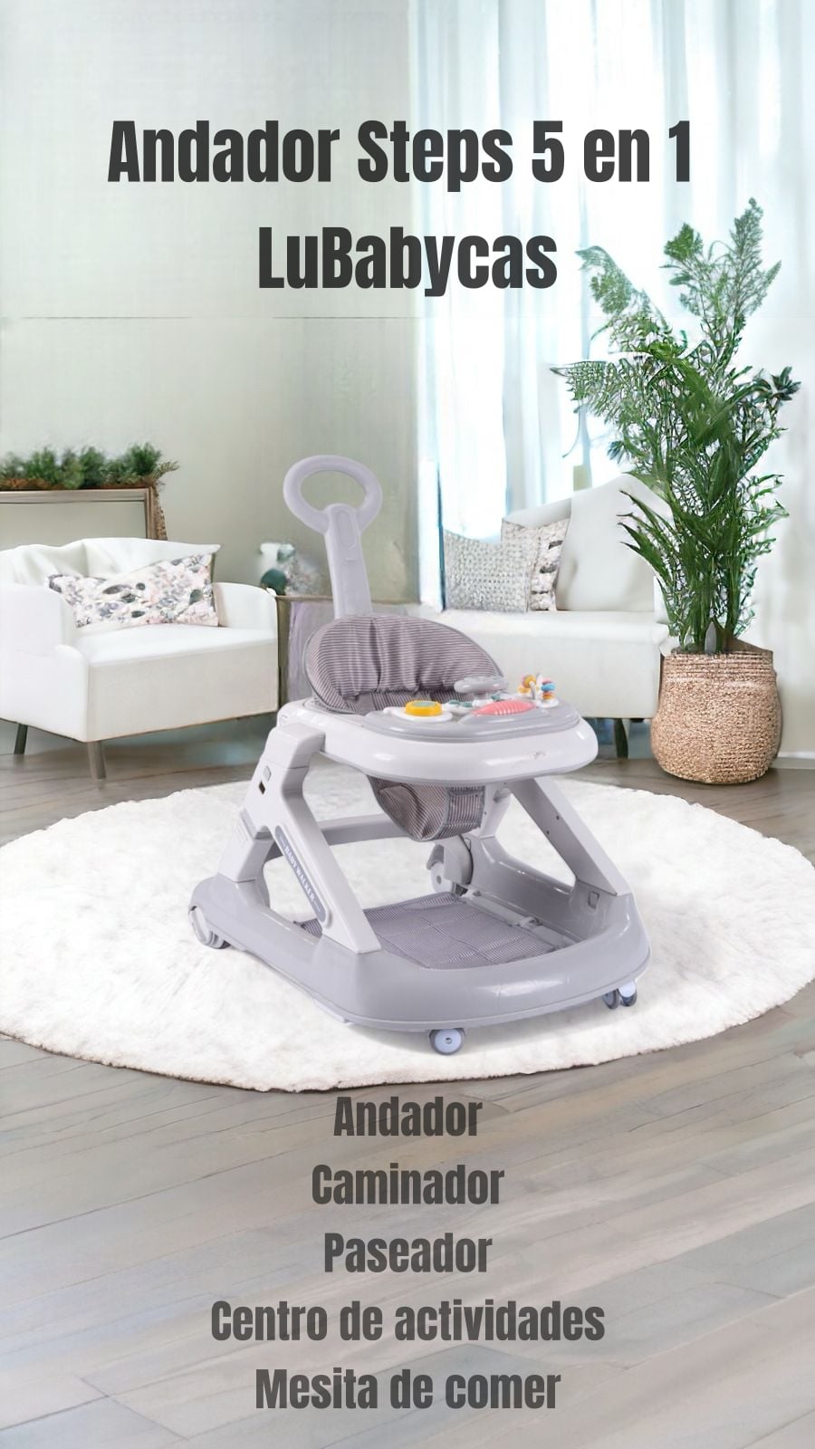 ANDADOR CAMINADOR LUBABYCAS 5 EN 1 CON APOYA PIES GRIS - 2