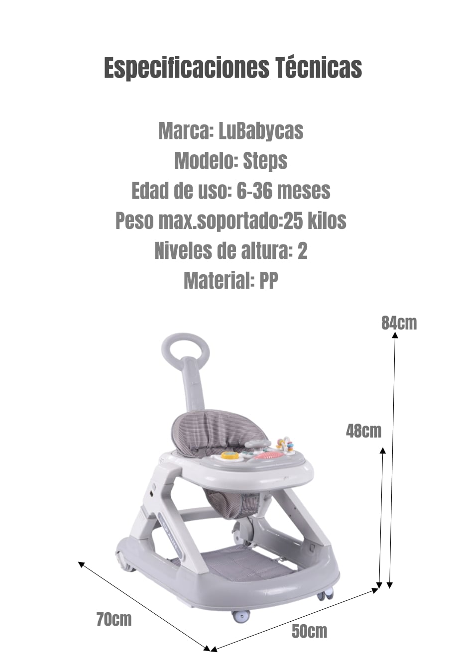 ANDADOR CAMINADOR LUBABYCAS 5 EN 1 CON APOYA PIES GRIS - 8