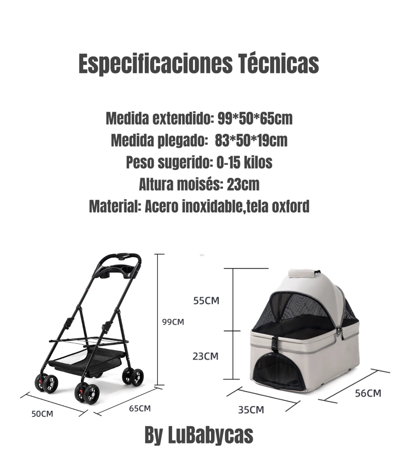 COCHE ACERO PERROS GATOS LUBABYCAS GRIS 2 EN 1 - 8