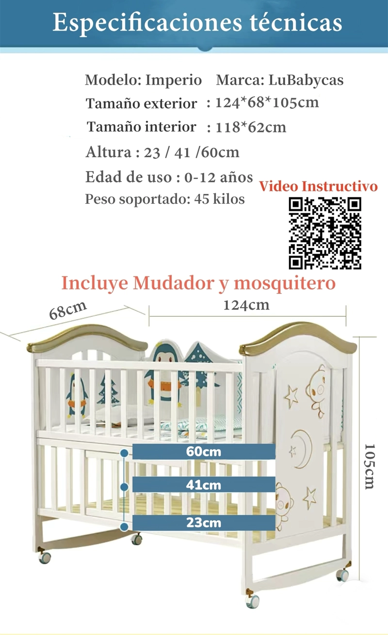 CUNA COLECHO LUBABYCAS IMPERIO MADERA ROSADA CON MUDADOR MOSQUITERO - 8