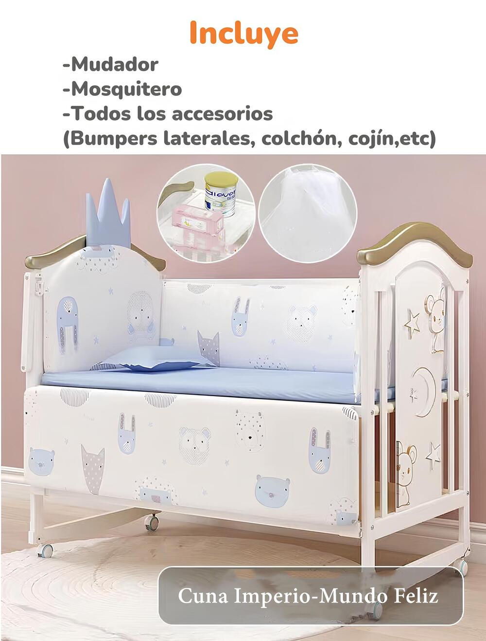 CUNA COLECHO LUBABYCAS IMPERIO MADERA AZUL CON MUDADOR MOSQUITERO - 2