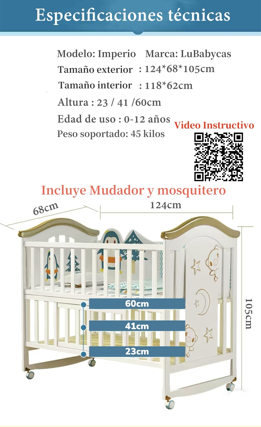 CUNA COLECHO LUBABYCAS IMPERIO MADERA AZUL CON MUDADOR MOSQUITERO - 8