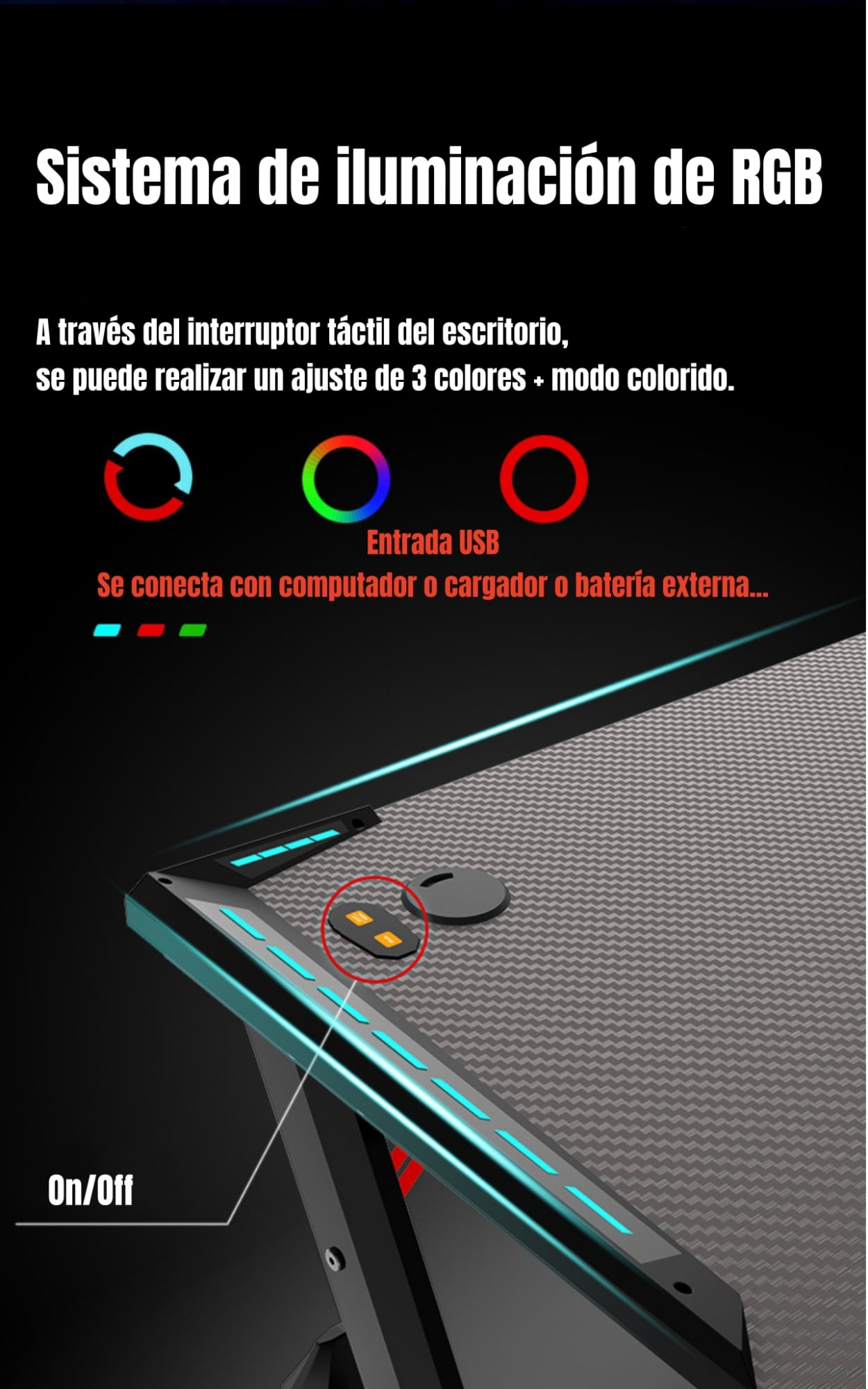 ESCRITORIO LUBABYCAS GAMER CON LUCES 120X60X73CM BY NEGRO - 3