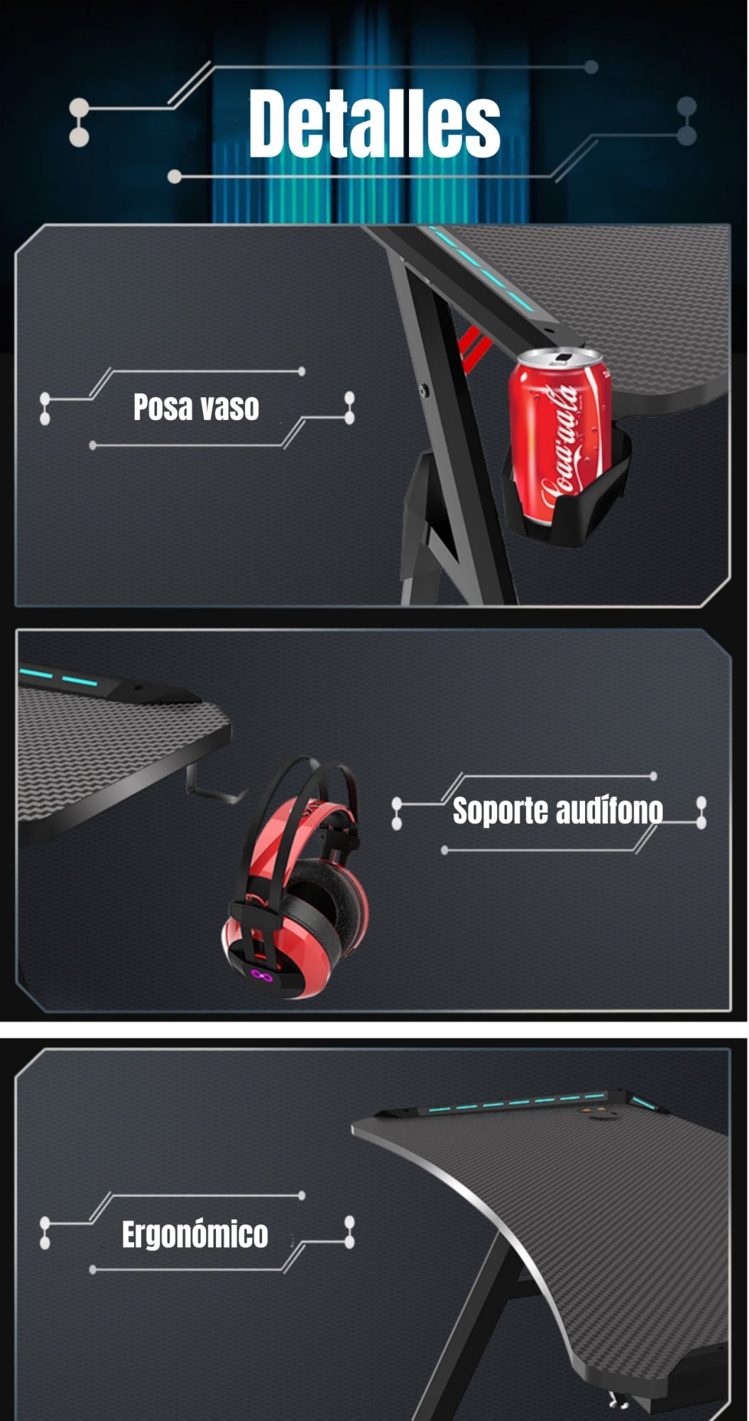 ESCRITORIO LUBABYCAS GAMER CON LUCES 120X60X73CM BY NEGRO - 6