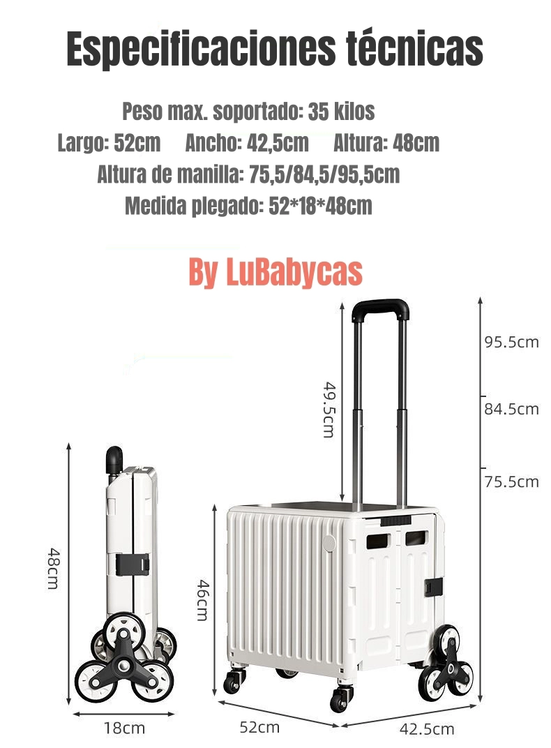 CARRITO LUBABYCAS COMPRAS PLEGABLE CON RUEDAS TREPADORAS 48 X 48 CM - 8