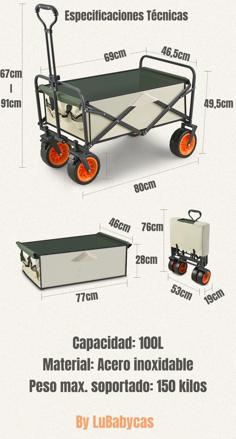 CARRITO LUBABYCAS PARA COMPRAS Y CAMPING CON FRENOS NEGRO 52 X 16 CM - 8