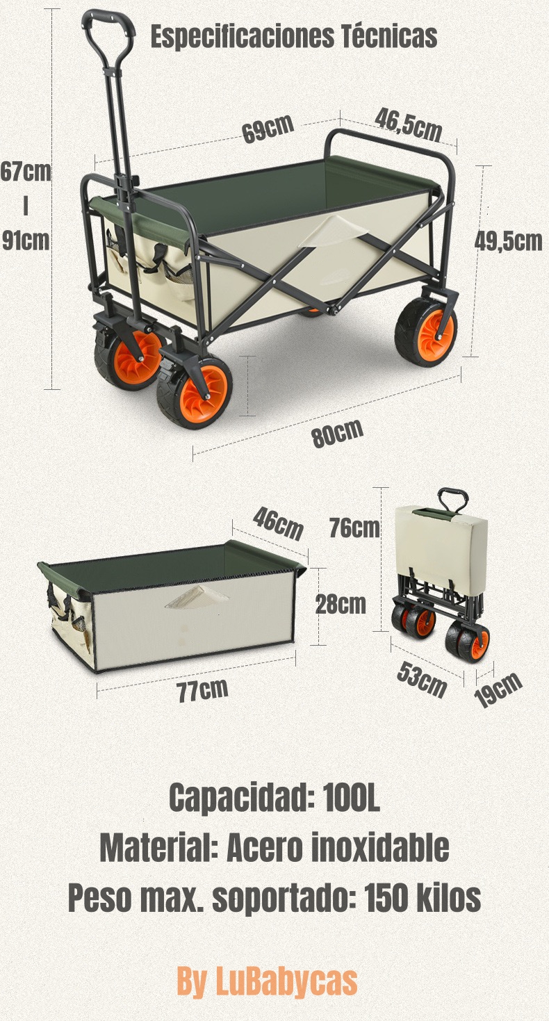 CARRITO LUBABYCAS PARA COMPRAS Y CAMPING CON FRENOS NEGRO 52 X 16 CM - 8